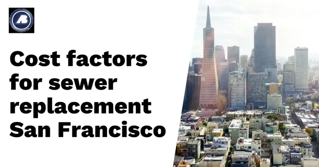 Skyline of San Francisco with text saying "Cost factors for sewer replacement San Francisco" on left side.